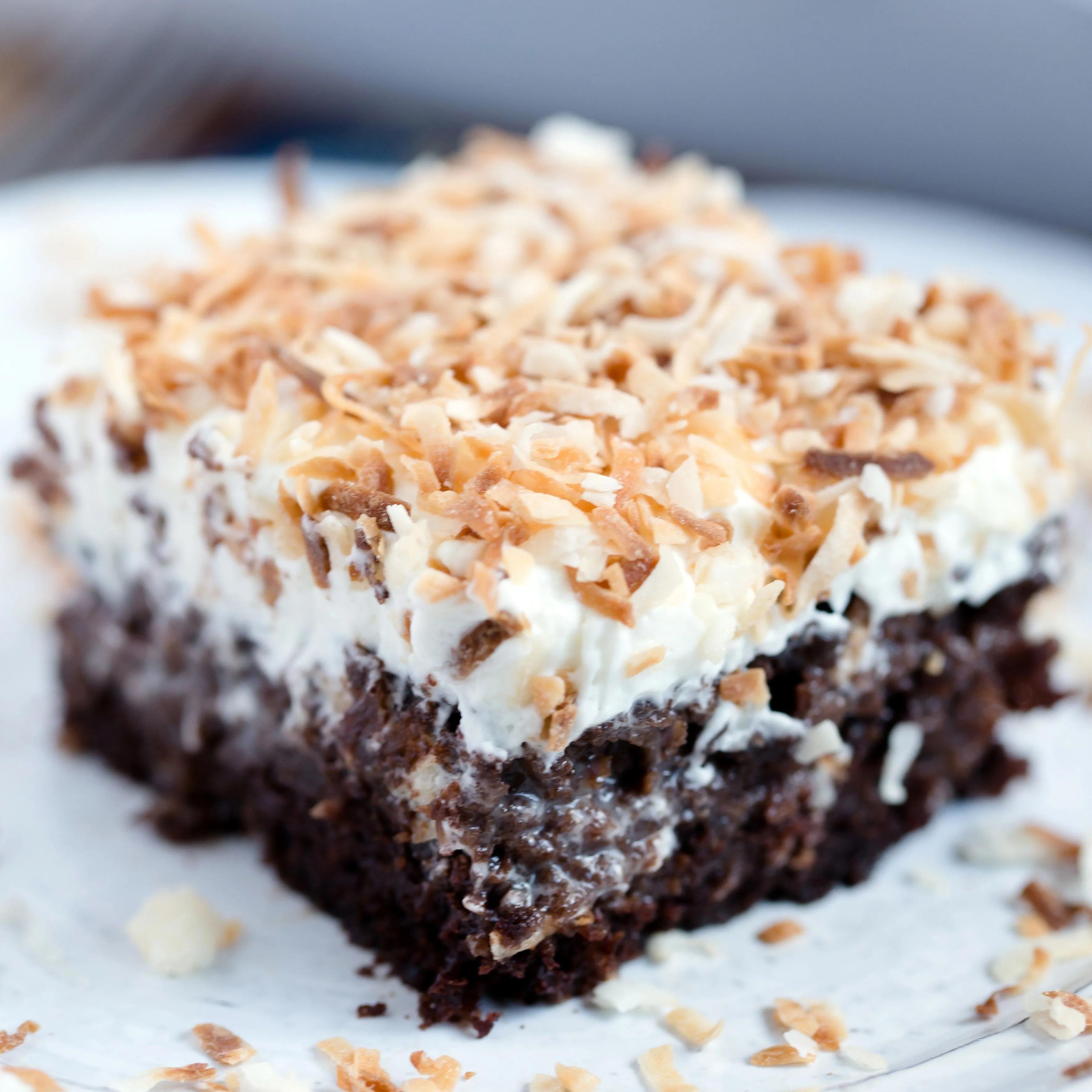 Rich chocolate cake, a layer of thick coconut cream and topped with a ...