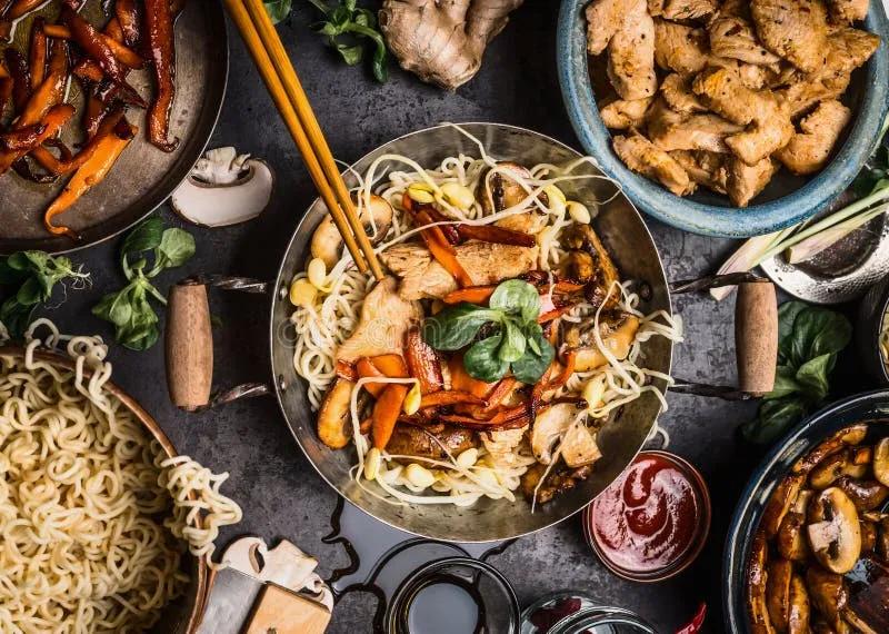 Asiatischer Küchentisch Mit Lebensmittelschüsseln, Wok ...