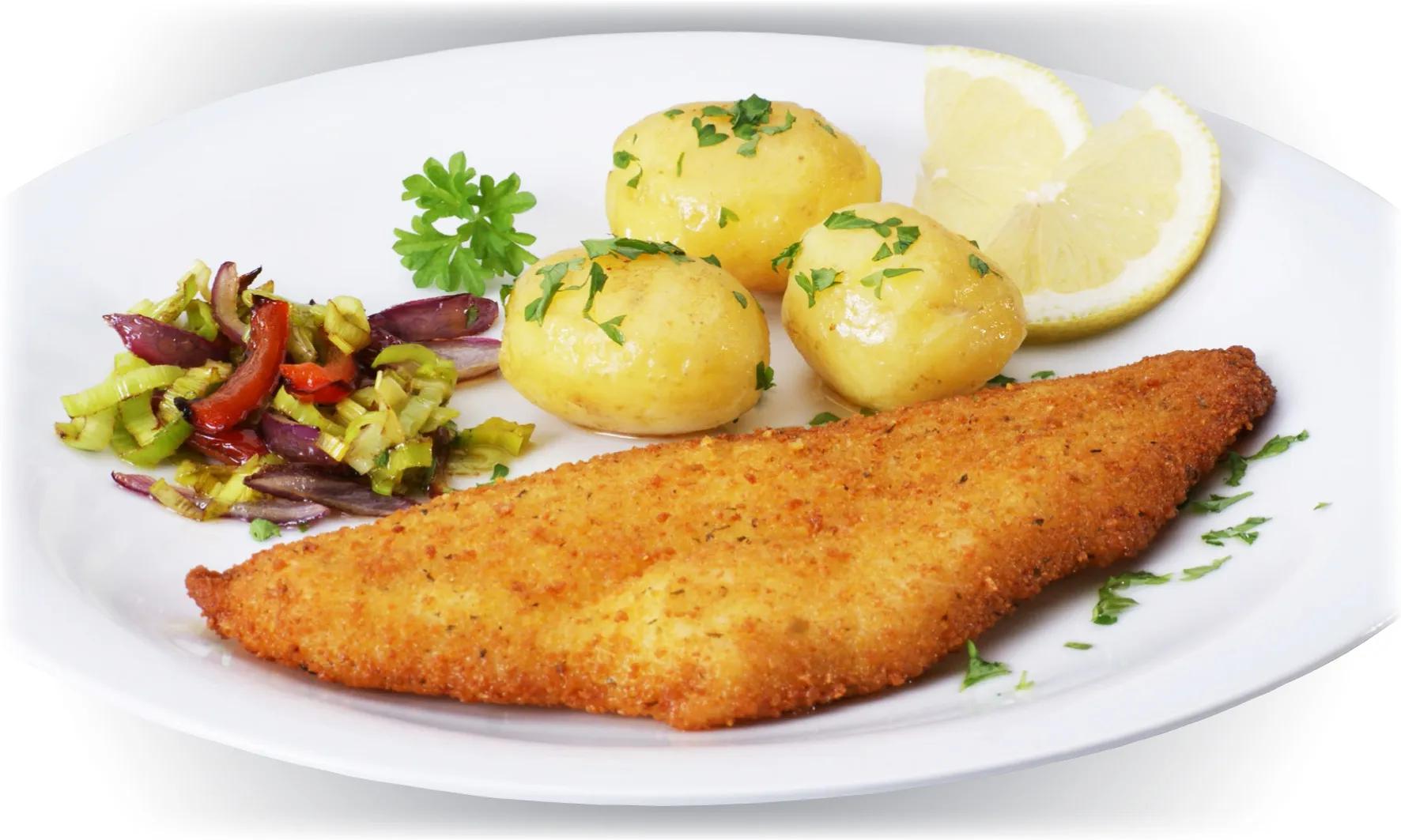 Recipes Breaded fish fillet with fresh vegetables and parsley potatoes