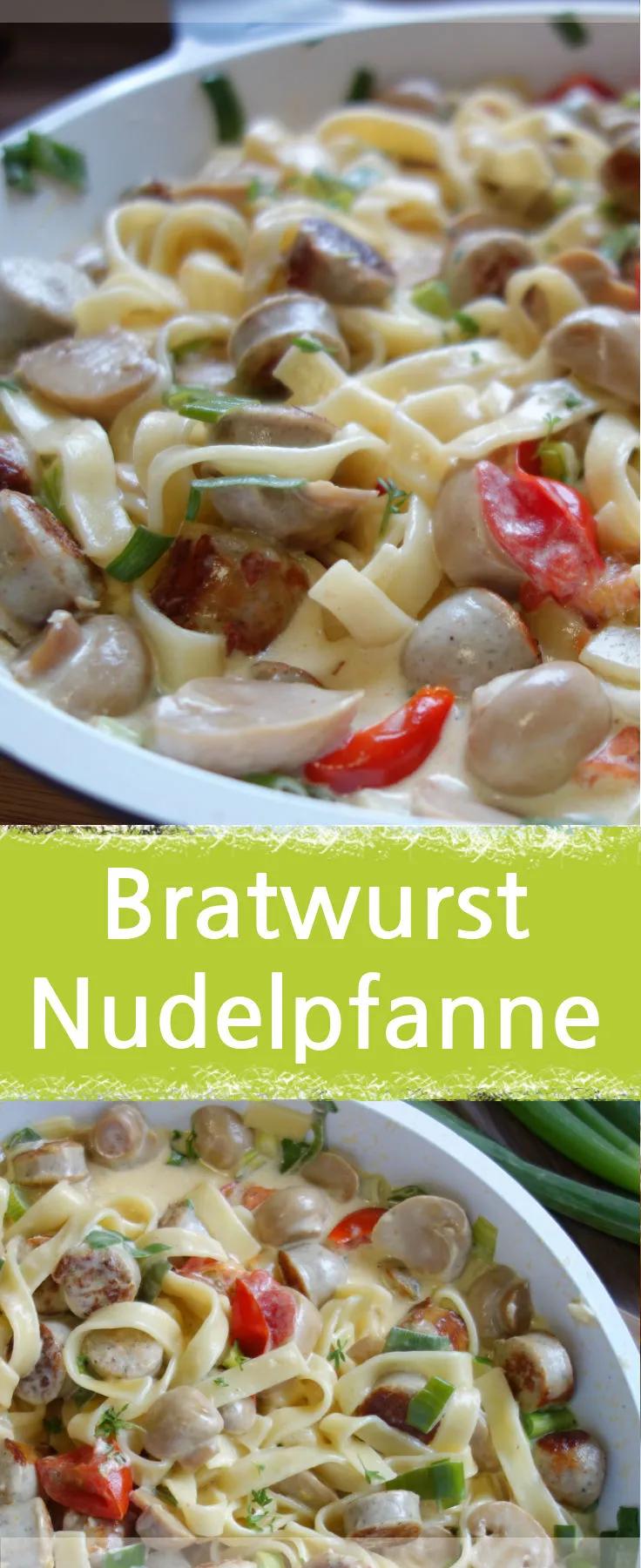 Bratwurst-Nudelpfanne mit Champignons und Frühlingszwiebeln - Meinestube