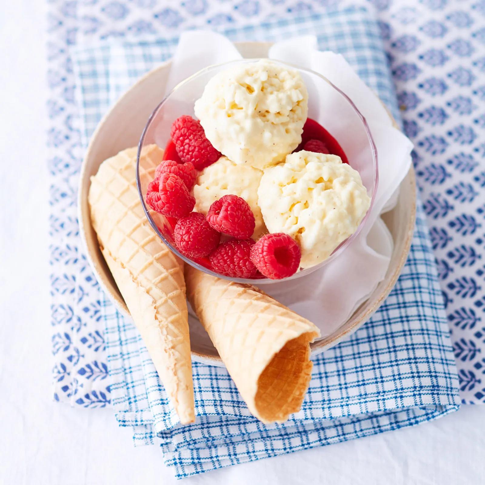 Homemade Milchreis-Eis auf Himbeersauce | Rezepte | ORYZA | Marken ...