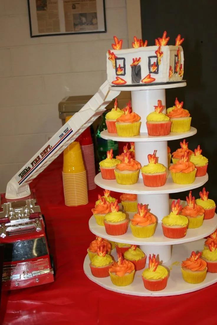Fireman Burning House Cake With Flame Cupcakes For Grooms Party ...