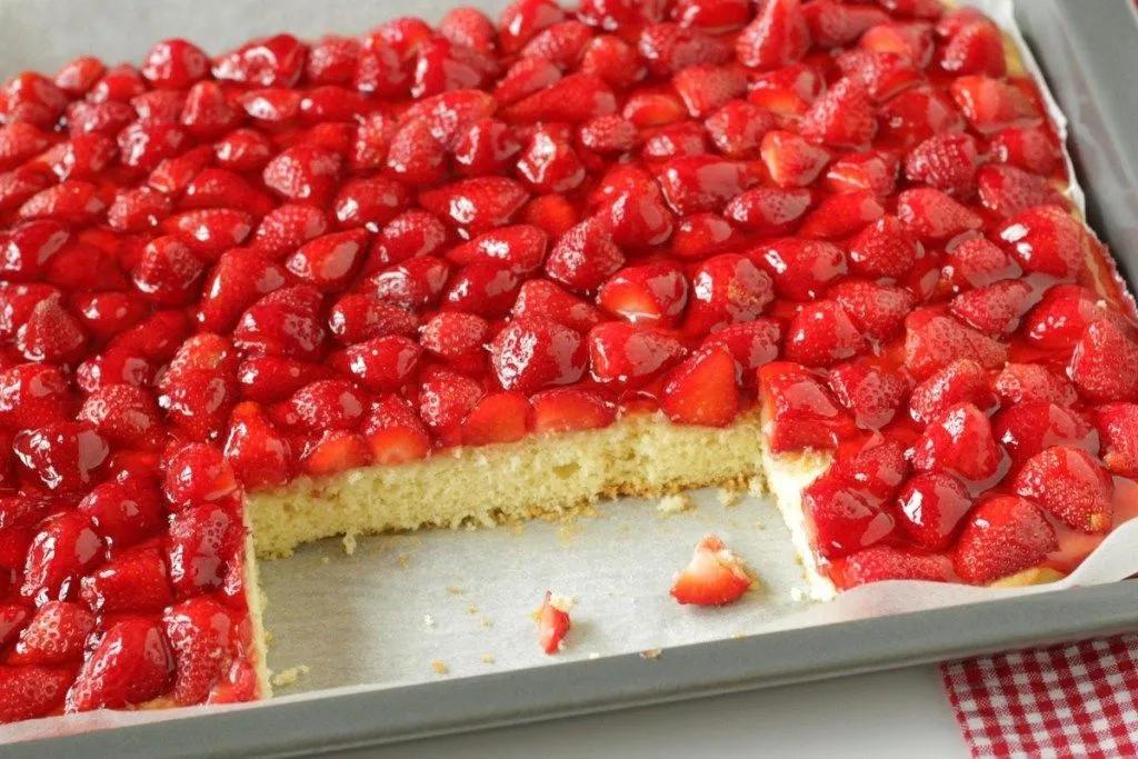 Erdbeerkuchen vom Blech - LIVING on COOKIES Strawberry Sponge Cake ...