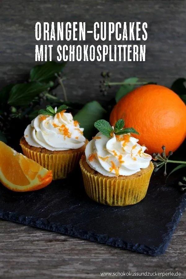 Orangen-Cupcakes mit Schokosplittern • Schokokuss und Zuckerperle ...