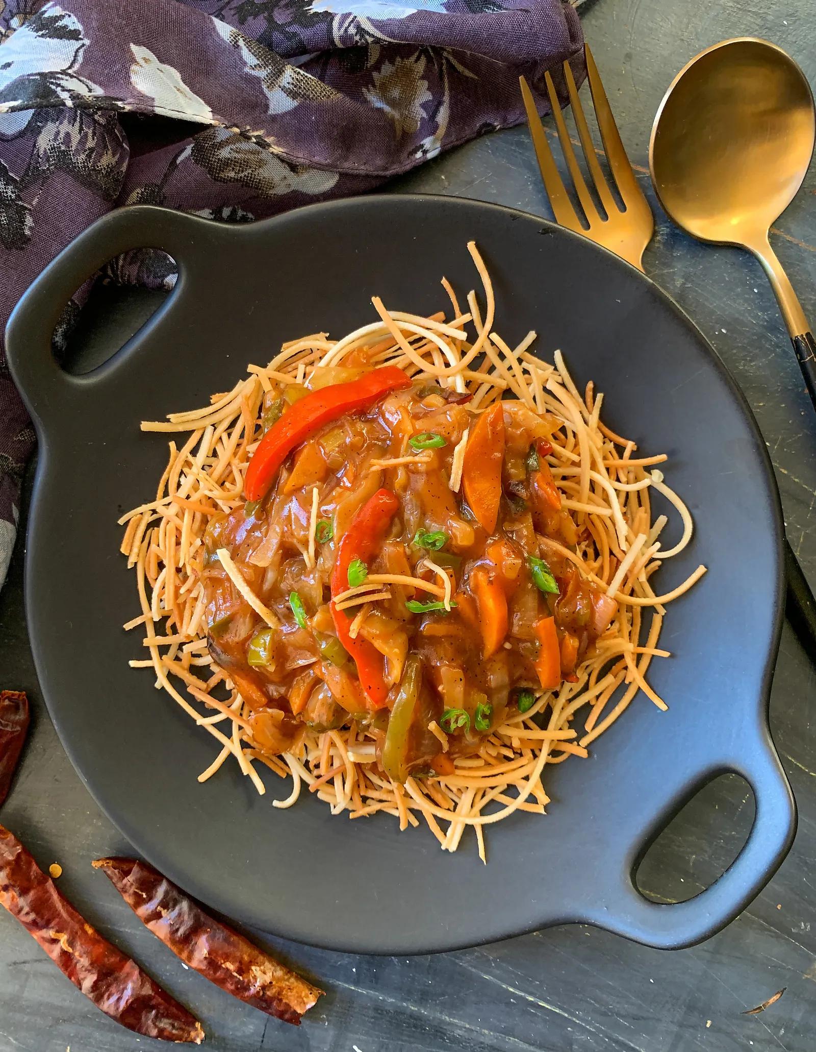 American Chop Suey Recipe - Crispy Noodles Topped With Sweet and Sour ...