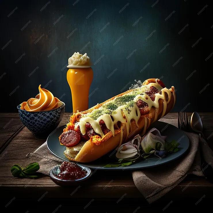 Ein hot dog mit käse und sauce auf einem teller mit einem glas ...