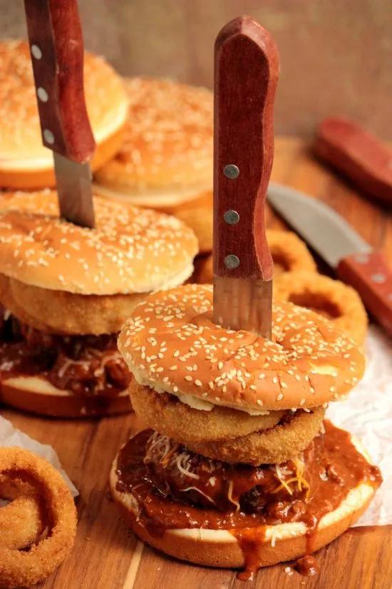 Stacked Onion Ring Chili Cheese Burger #BurgerMonth | Burger, Chili ...