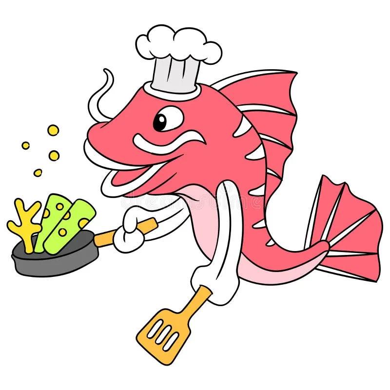 Red Snapper is Cooking As a Chef Holding a Frying Pan, Doodle Icon ...
