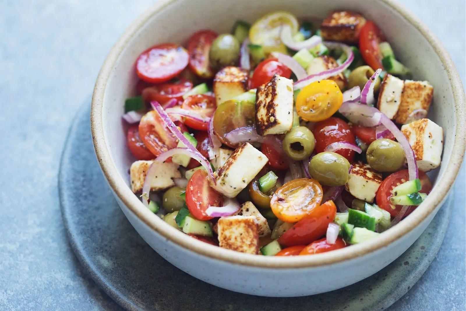 Greek Salad with Fried Halloumi Cheese | The Nosher | Fried halloumi ...