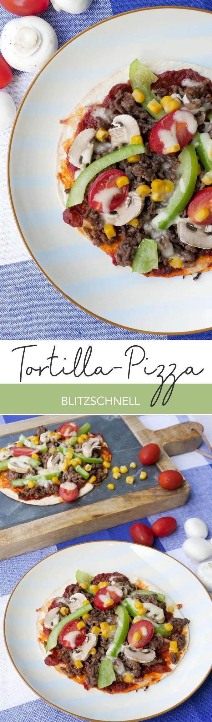 Blitzschnelle Tortilla-Pizza mit Hackfleisch, Champignons, Paprika und ...