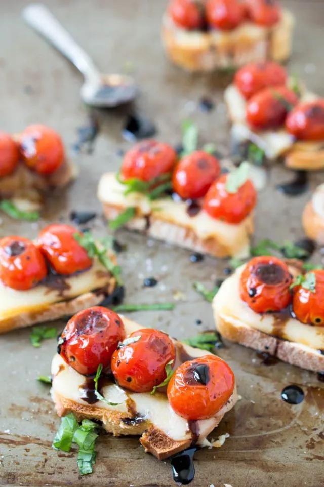 Caprese Crostini with Blistered Tomatoes and Smoked Mozzarella