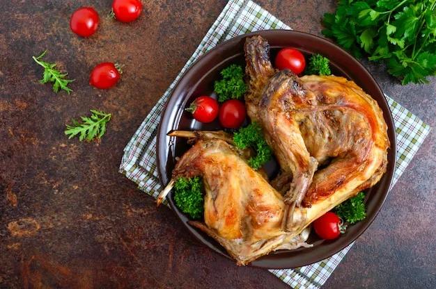 Ganzes gebackenes kaninchen mit gemüse und tomaten auf einem teller ...