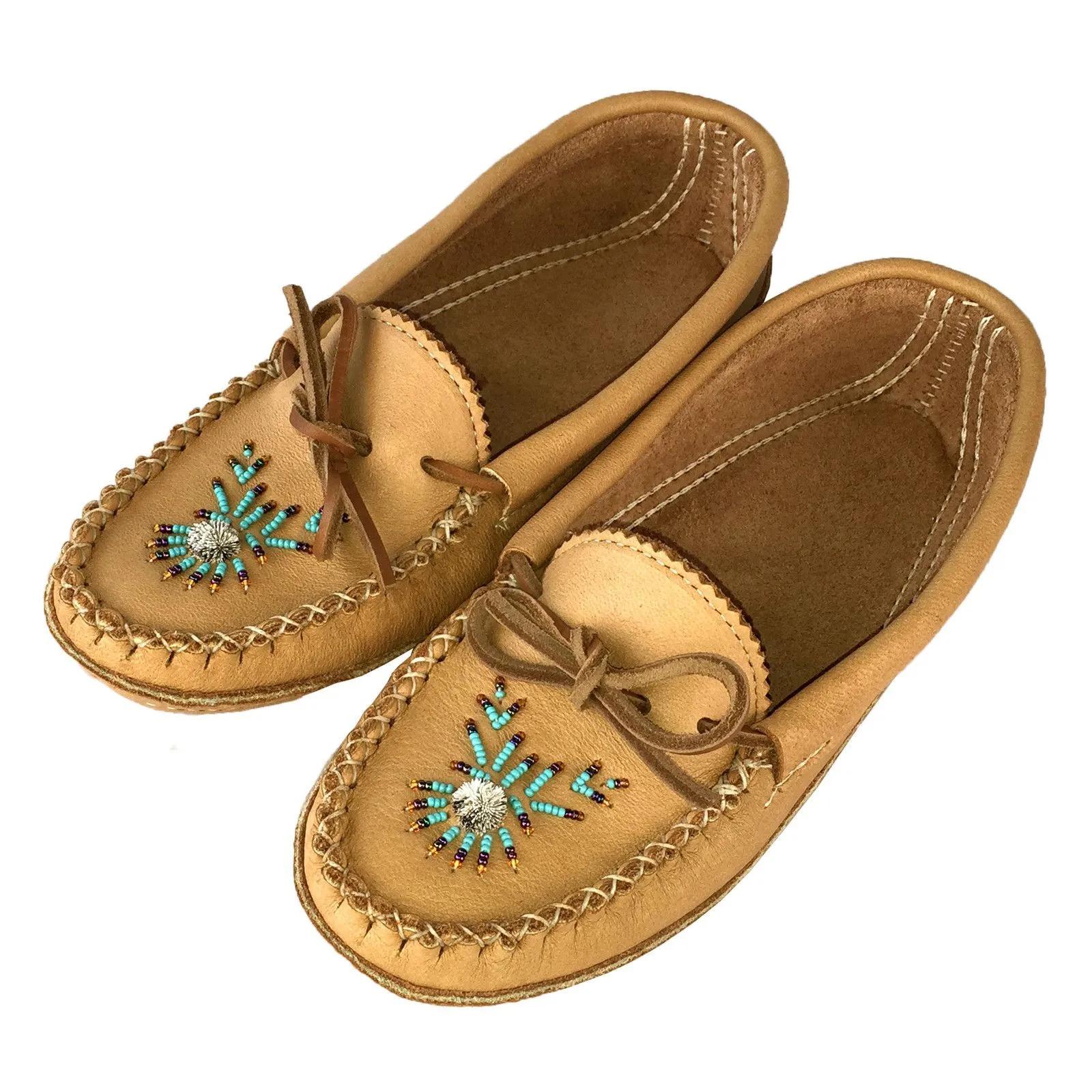 Women&amp;#39;s Soft-Sole Moosehide Leather Beaded Moccasins Maple Tan | Ladies ...