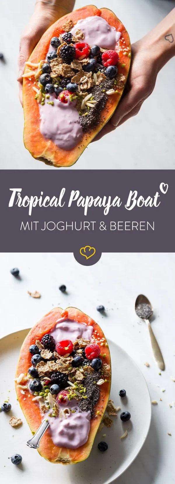 Dieses Tropical Papaya Boat mit Joghurt, Beeren und Nüssen schmeckt ...