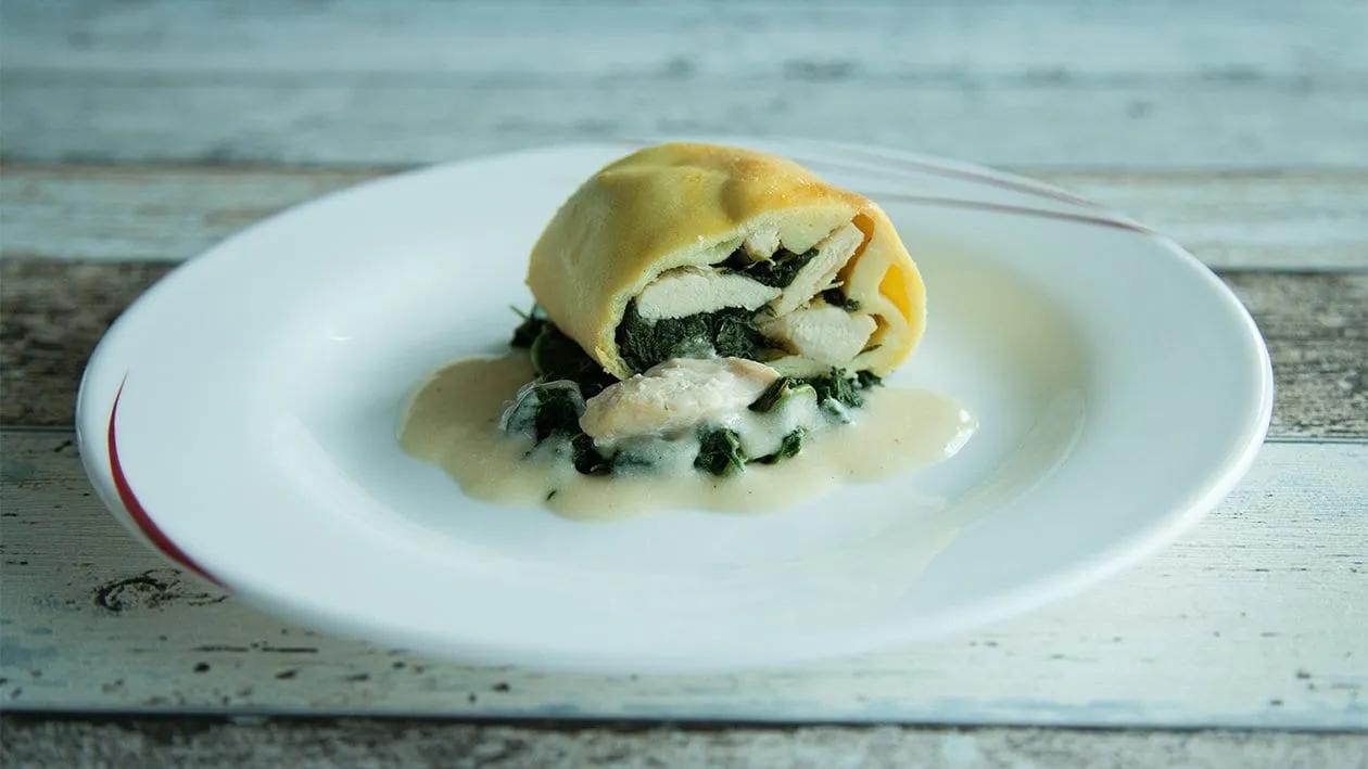 Gebackene Kartoffelroulade mit Blattspinat und Pute Rezepte