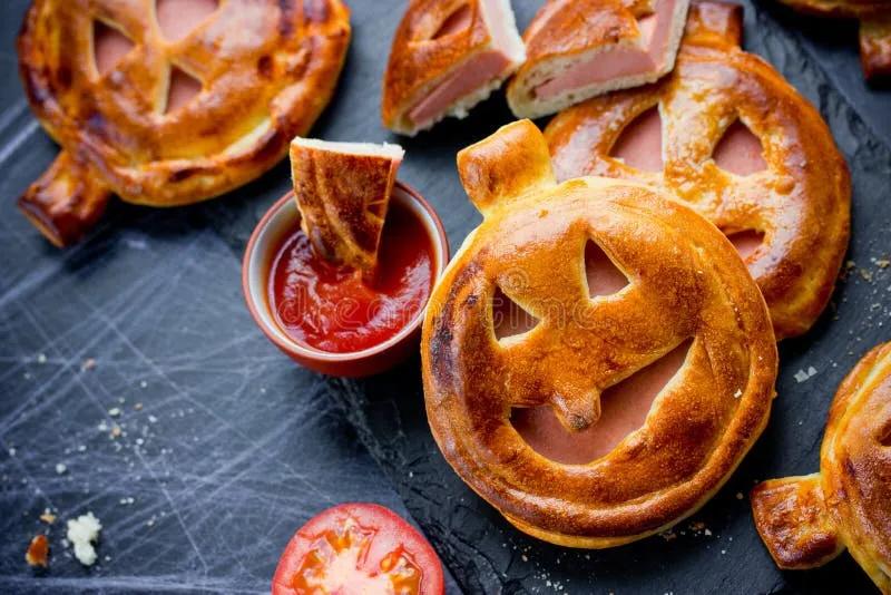 Funny and Scary Pumpkin Pizza Halloween Recipe Stock Photo - Image of ...