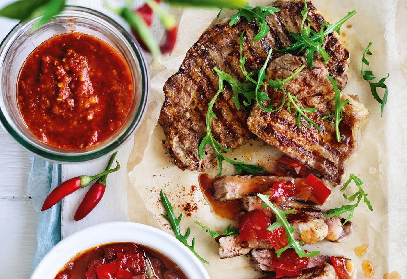 Steaks mit Paprikachutney und scharfer Chilisauce | Frisch Gekocht