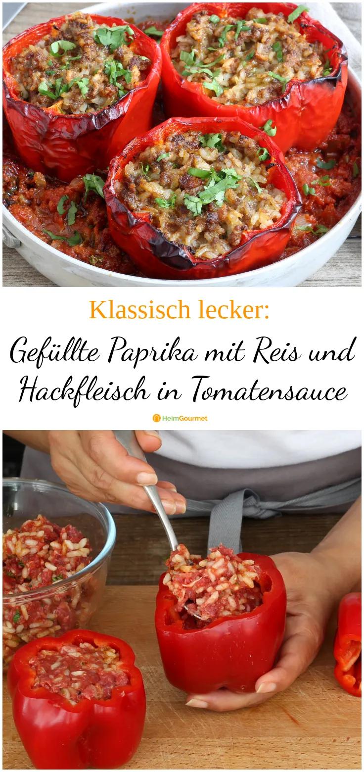 Klassisch lecker: Gefüllte Paprika mit Reis und Hackfleisch in Tomatensauce