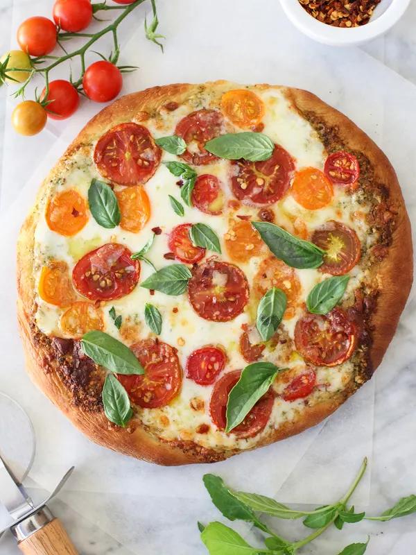 Pesto Pizza with Fresh Tomatoes and Mozzarella - foodiecrush