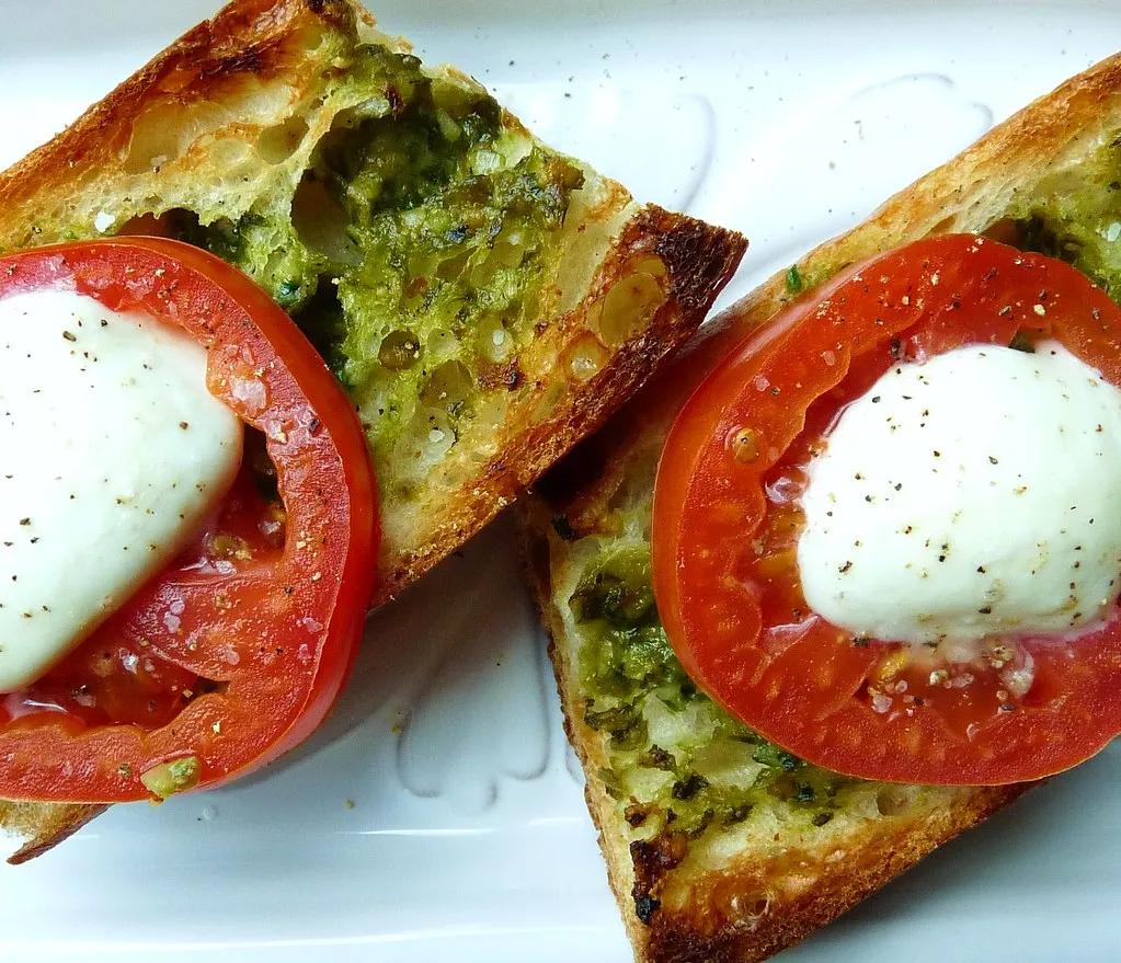 Ramp Pesto on toasted baguette with mozzarella and fresh t… | Flickr