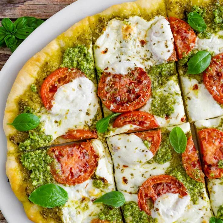 Pesto Pizza with Fresh Mozzarella and Tomatoes | Babaganosh
