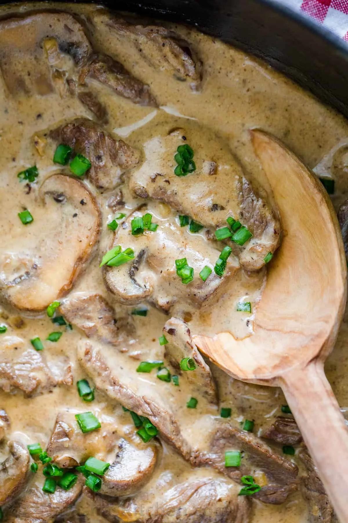 Classic Beef Stroganoff with tender strips of beef and mushrooms in an ...