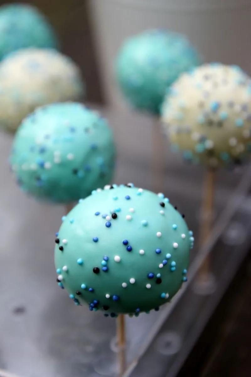 Blue Cake Pops for a baby shower party - a boy! They&amp;#39;re filled with ...