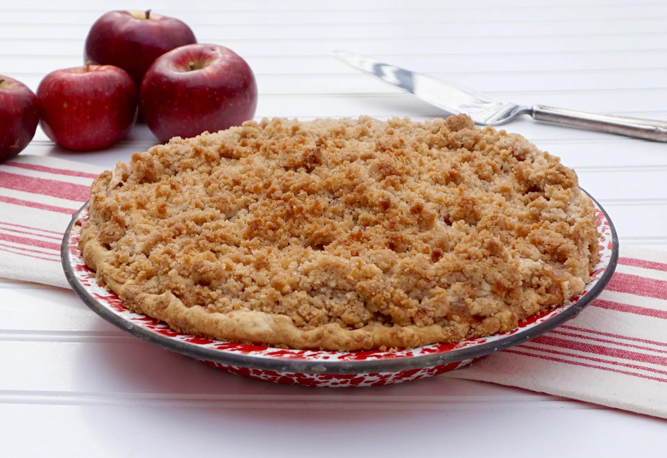 Apple Crumble Pie has a buttery crumb topping with cinnamon