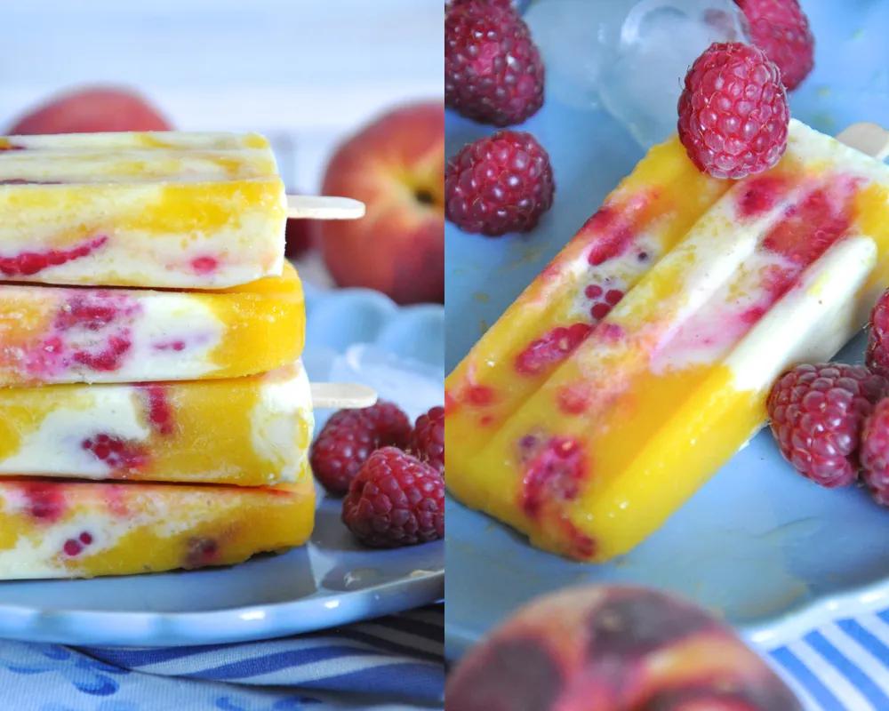 Krümelkreationen: Pfirsich-Mango-Joghurt-Eis mit Himbeeren