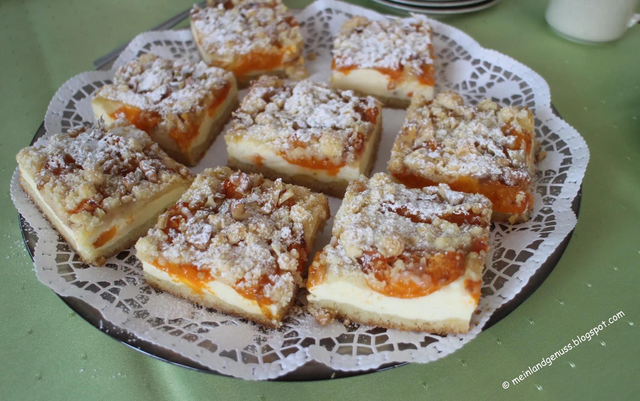 mein Land und Gartengenuss : Aprikosen-Quark-Streusel-Blechkuchen