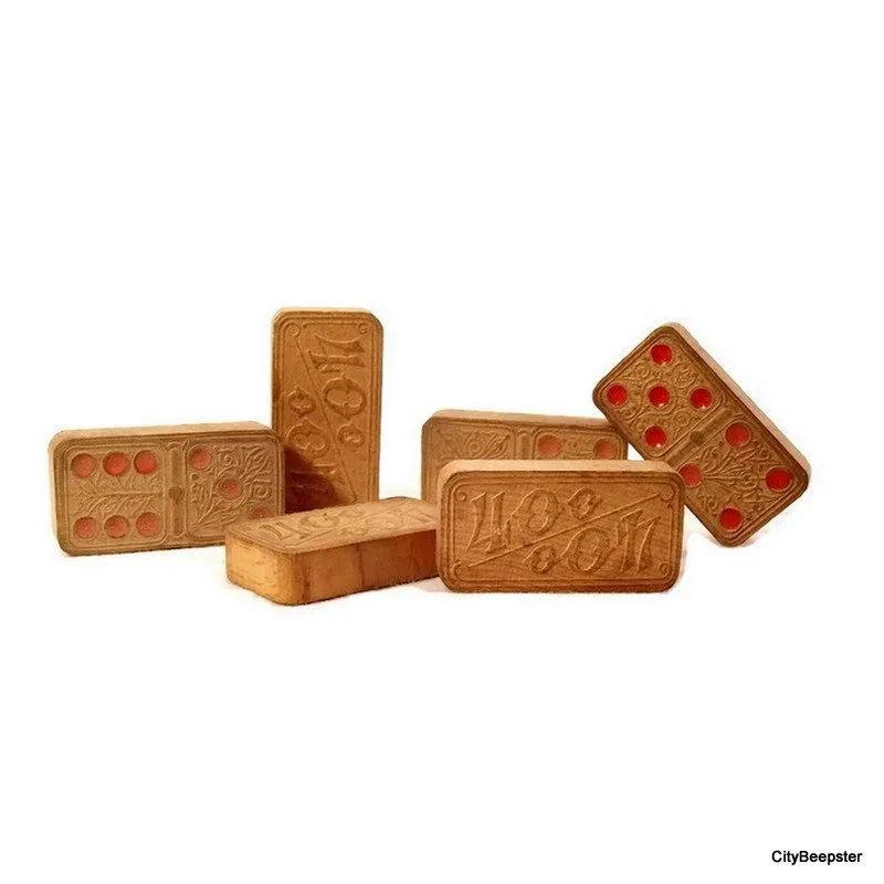 Antique Wood Domino Set - Embossed - Complete Set - Cream and Orange ...