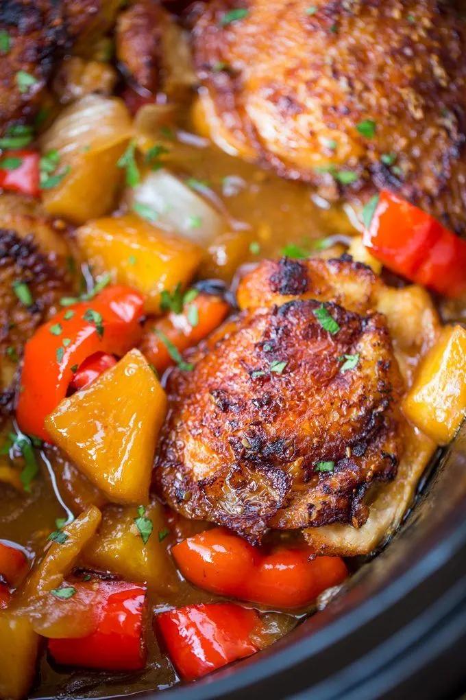 Slow Cooker Hawaiian Pineapple Chicken with crispy chicken thighs ...