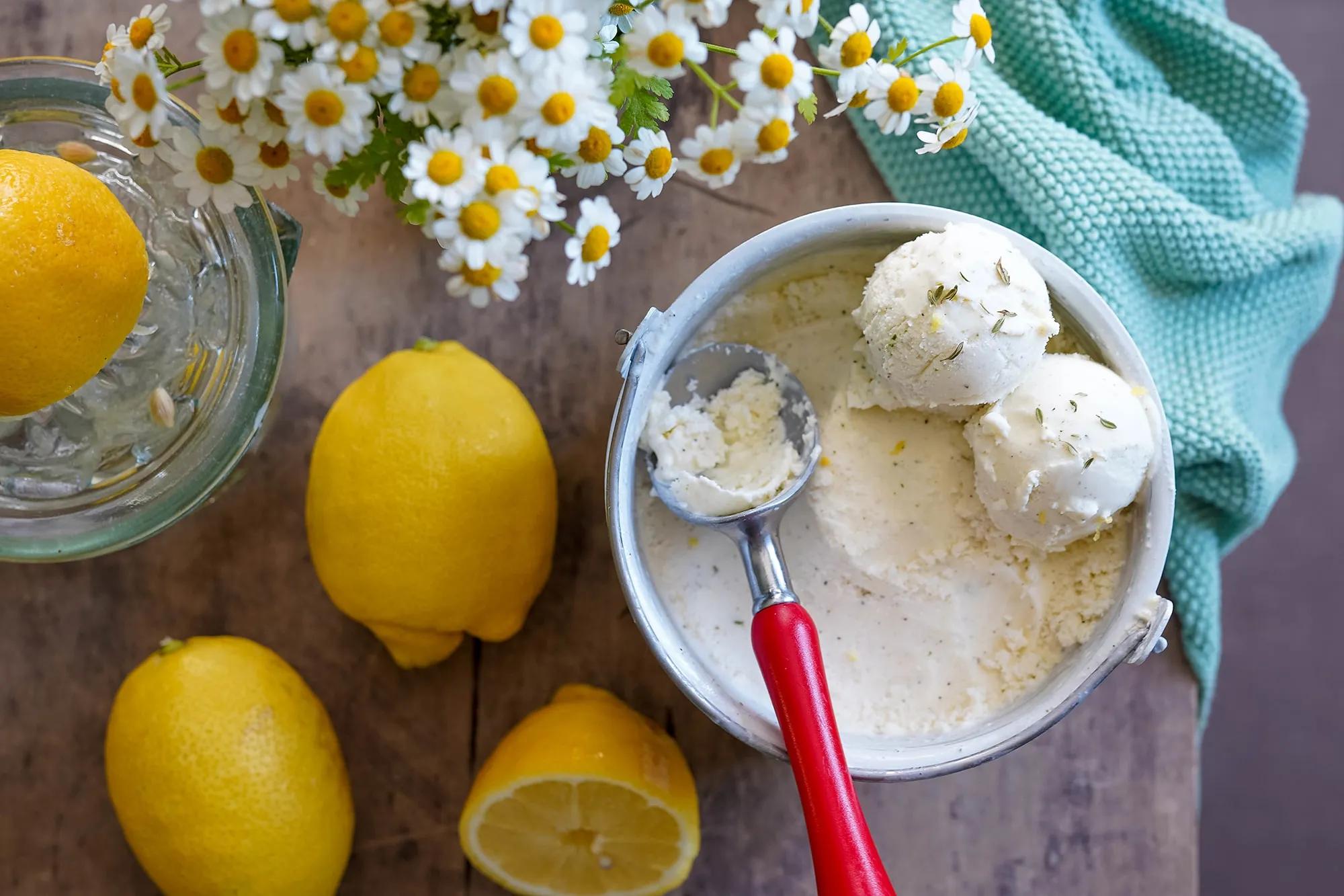 Zitronen Joghurt Eis mit Thymian, Myrte und Zimtblüten - Home and Herbs