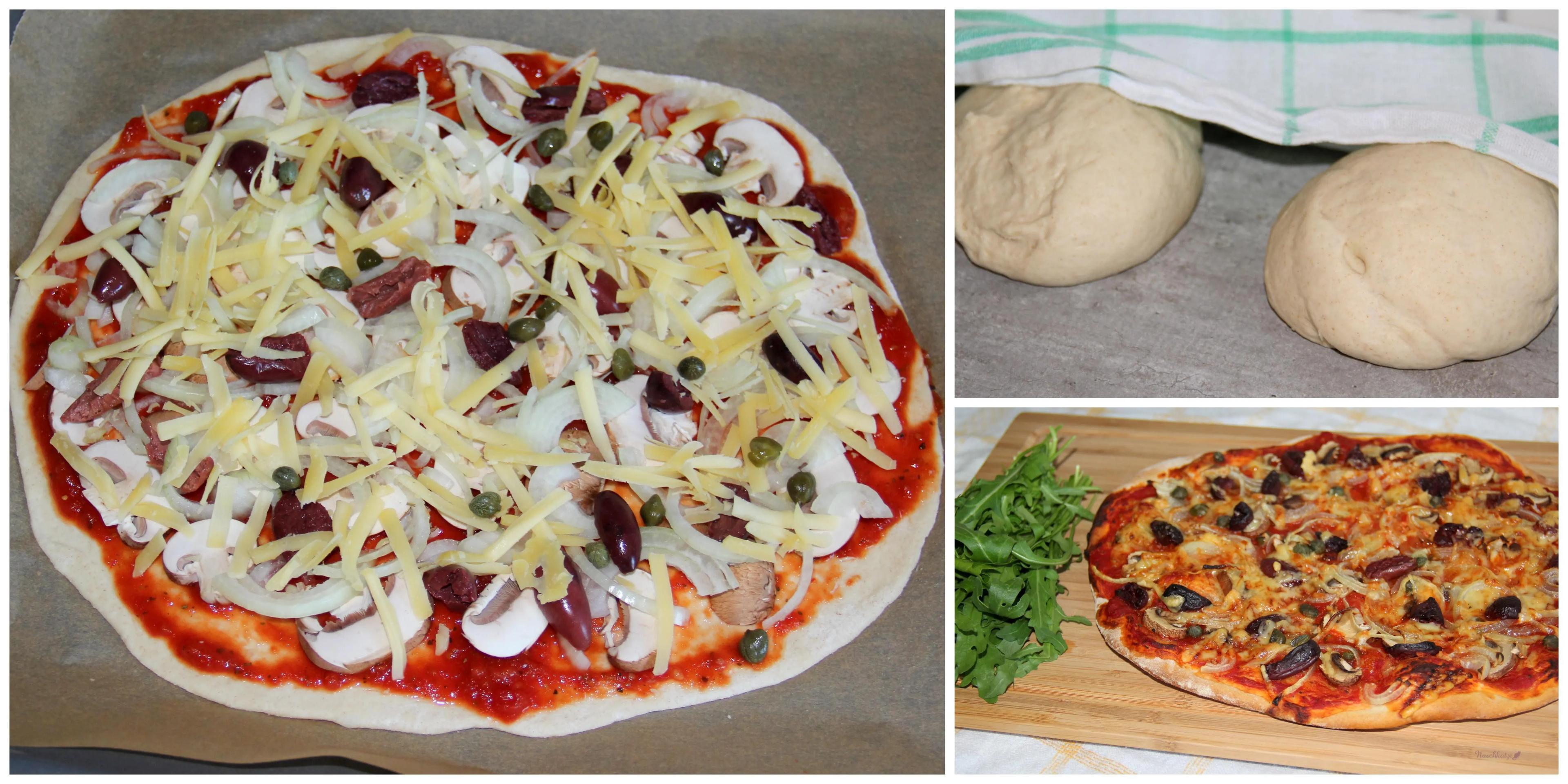 Pizza mit Champignons, Zwiebeln, Oliven, Kapern und Rucola – Naschkatze