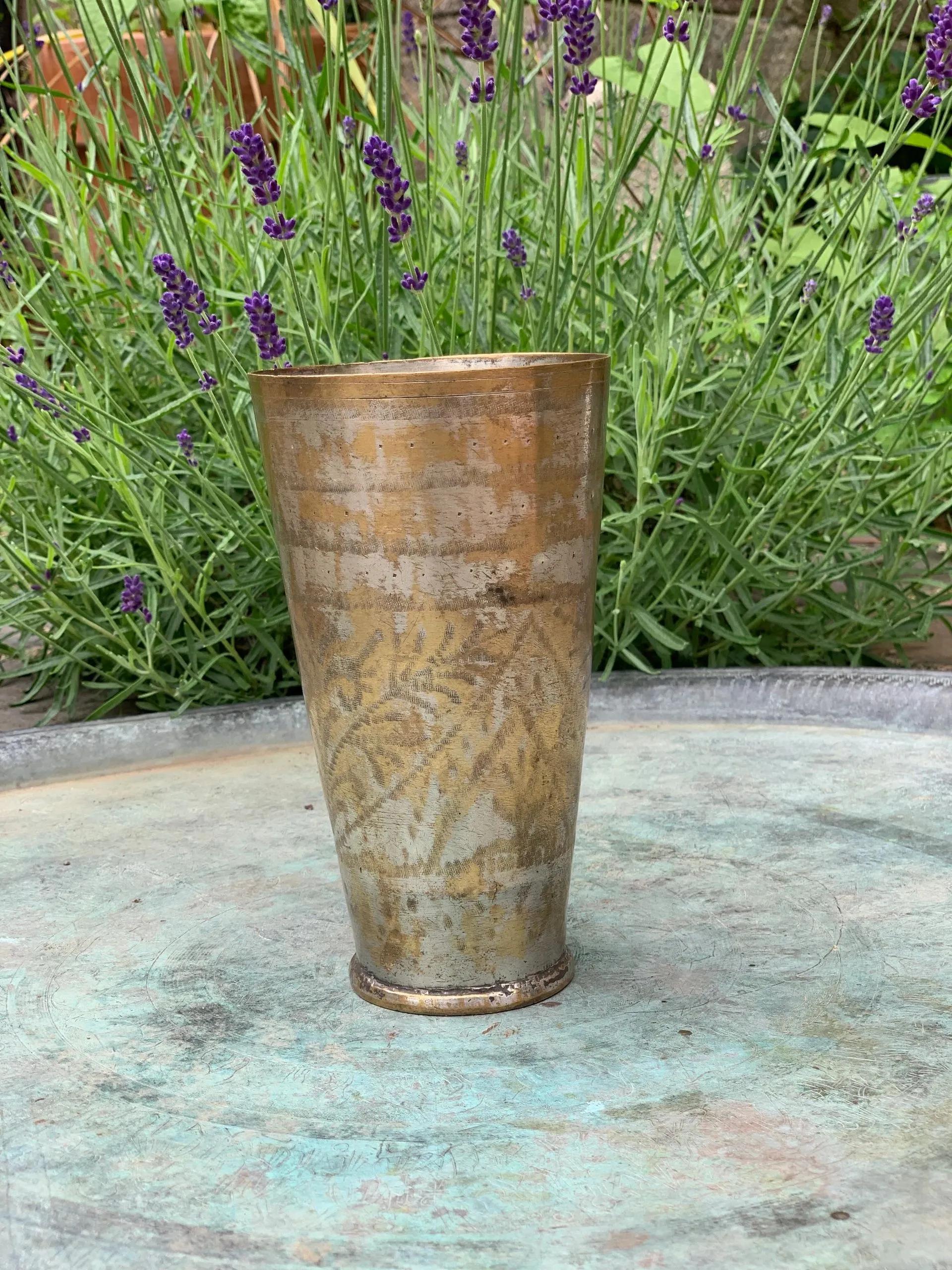 Indian Vintage Engraved Heavy Brass Lassi Cup - Chambers Emporium