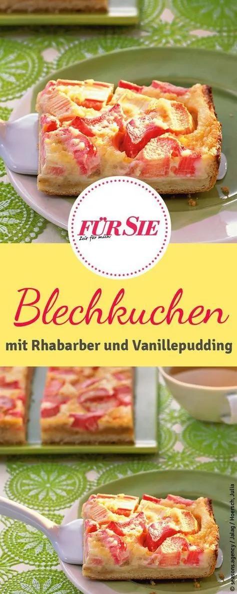 Saftiger Rhabarberkuchen vom Blech mit Vanillepudding. Das Rezept dazu ...