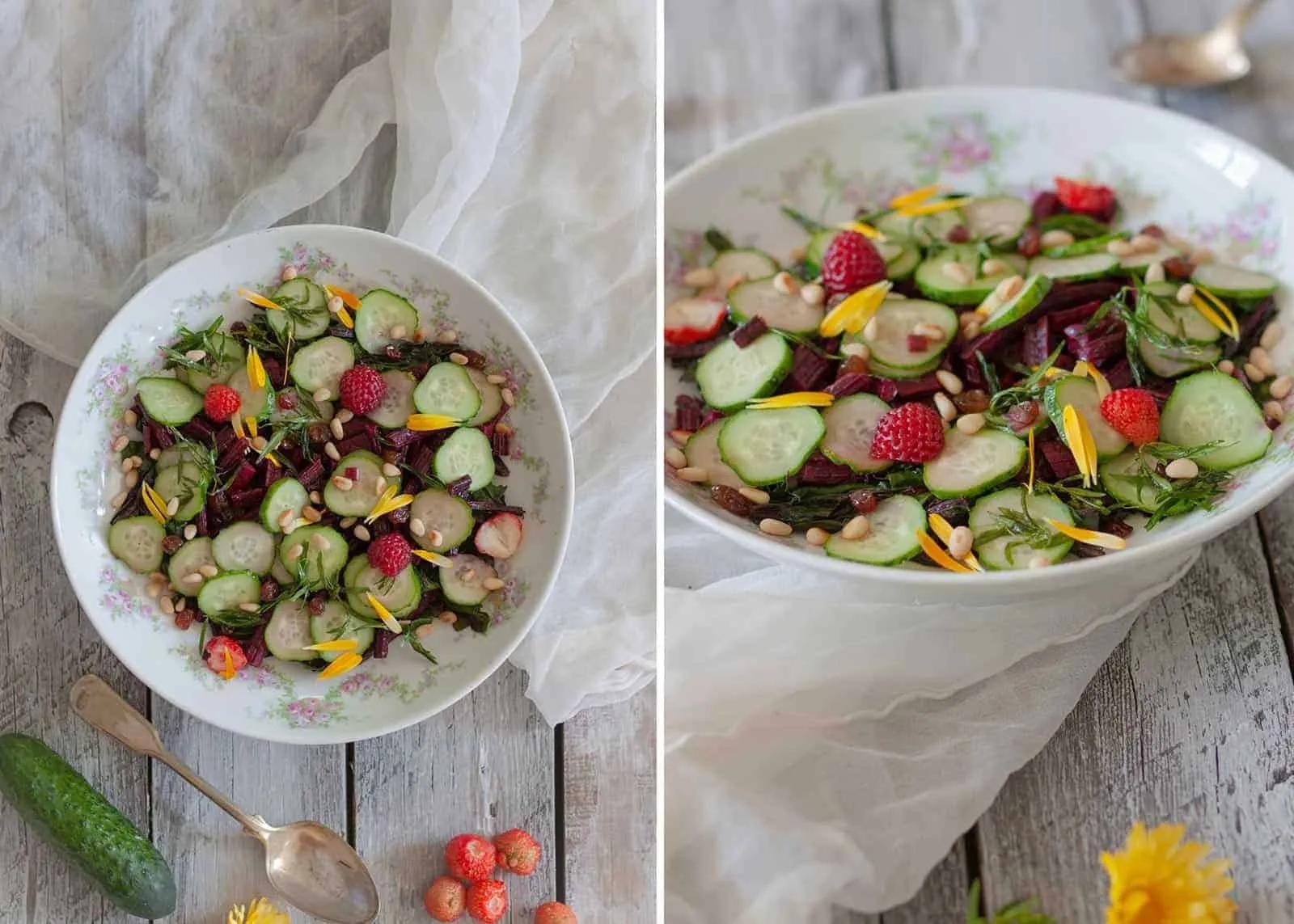 Rote - Bete - Blätter Salat mit gebratenem Estragon und Gurke