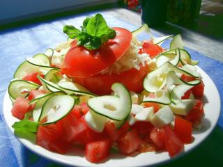 tomatensalat mit zucchini mozzarella und krautsalat und tomatenvinaigrette